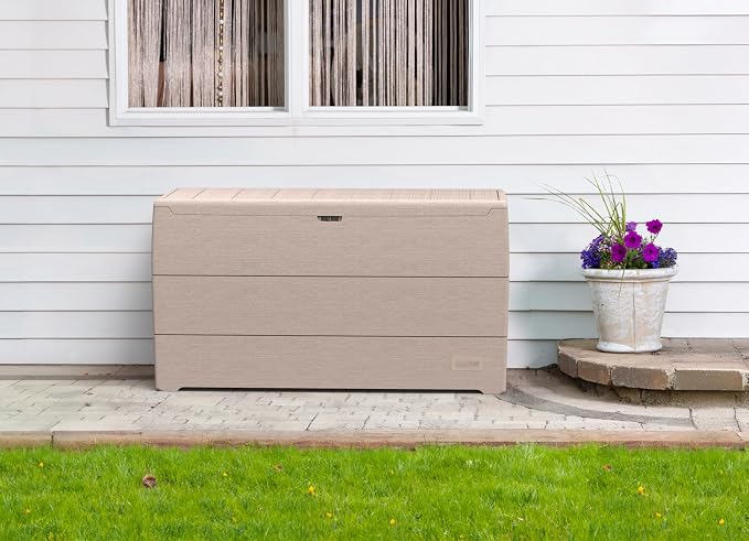 Duramax Cedargrain Durabox 270 Litre/ 71 Gallons plastic storage box, Outdoor Deck Garden Furniture Organizer, Lockable Lid, Plastic Cushion Box with Wheels and Handles, Patio Box, Warm Taupe