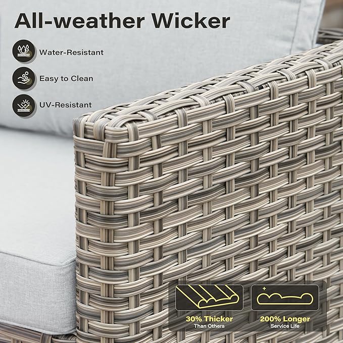 9 Pieces Outdoor Sectional Patio Furniture Set with 42" Fire Pit,Conversation Sets Rattan Wicker L Shaped Couch Swivel Rocking Chairs,Modular Outdoor Sofa for Porch Balcony Backyard Grey