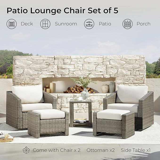 CHITA 5 Pieces Swivel Wicker Patio Furniture Set, Outdoor Conversation Set with 2 Pieces Rattan Swivel Chairs, 2 Pieces Ottomans, Thickened Cushions and Side Table, Beige Cushions with Grey Wicker