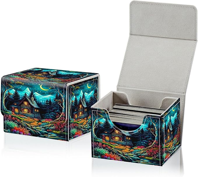 Card Deck Box for MTG, Cards Storage Box Fits 120+ Sleeved, Leather Small Size Strong Magnetic Closing Card Case for Board Games Magic TCG CCG Baseball Collection, Creek Chateau