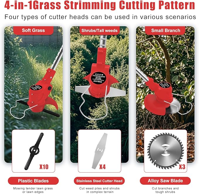 21V Electric Weed Wacker Cordless String Trimmer Battery Powered Grass Trimmer with 90° Adjustable Head 2 X 2.0Ah Battery and Charger Lightweight Brush Cutter Edger Lawn for Garden Yard,Red