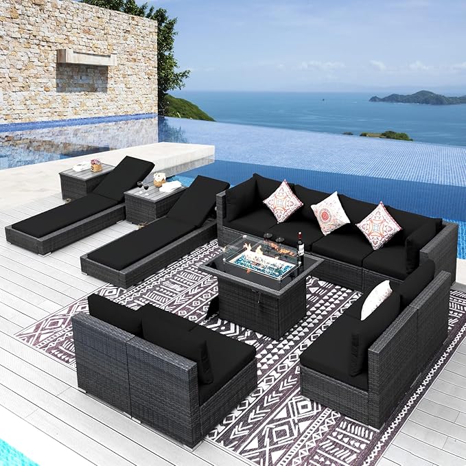 NICESOUL 13 Piece Outdoor Sectional w/Fire Pit Table, Luxury Modular Patio Furniture Set w/Chaise Lounge, Plus 29.3'' High-Back Seating Sofa, All-Weather Deck Couch for Poolside, Yard, Grey & Black