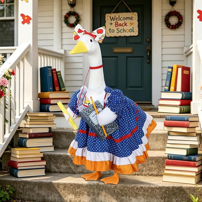 Back to School Porch Goose Outfit for 23" Plastic/Cement Porch Goose Statue | School-inspired Retro Polka Dot Dress with Pencil, Notebook, Ruler, Ideal for School Outdoor Garden, Yard, Patio, Porch Decor