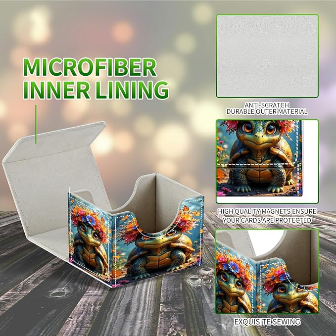 Card Deck Box for MTG, Cards Storage Box Fits 120+ Sleeved, Leather Small Size Strong Magnetic Closing Card Case for Board Games Magic TCG CCG Baseball Collection, Forest Turtle