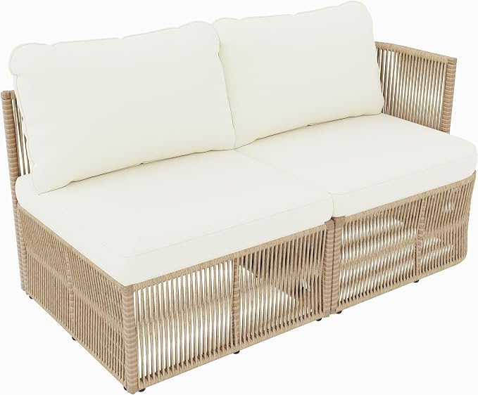Merax 4-Piece Patio Furniture Set, L-Shaped Outdoor Wicker Modular Sectional Sofa with Thick Cushions and Glass Top Coffee Table, Rattan Patio Conversation Set for Backyard, Garden and Poolside, Beige
