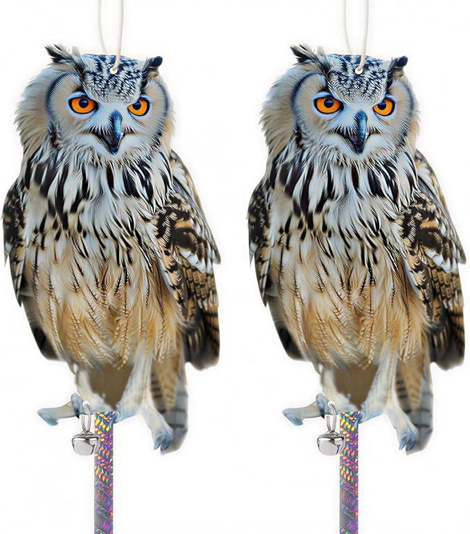 Fake Owl to Scare Pigeons Woodpecker, 2Pcs Flat Garden Owls to Keep Pigeons Squirrels Away from Outdoor, Plastic Owl to Scare Woodpecker from House, Hanging Owls with Reflective Tape for Roof Patio