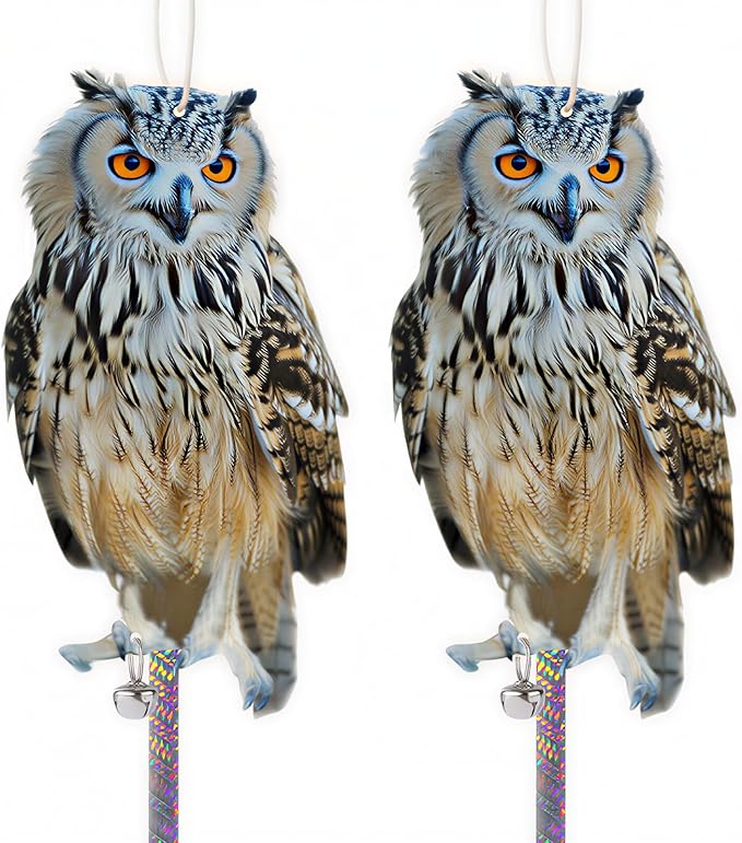 Fake Owl to Keep Pigeons Away from Balcony, 2Pcs Flat Plastic Owl to Scare Woodpecker from House, Garden Owls to Scare Pigeon Squirrel, Hanging Owls with Reflective Tape for Porch Yard Patio Windows