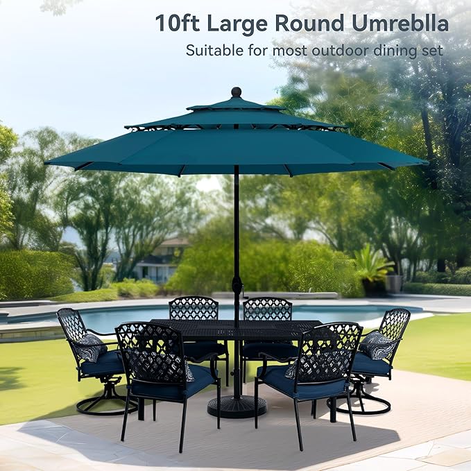 PHI VILLA 10ft Outdoor Patio Umbrellas for Outside, 3 Tier Vented Market Table Umbrella Windproof for Backyard, Deck, Garden, 1.5" Pole, Cyan（No Base）