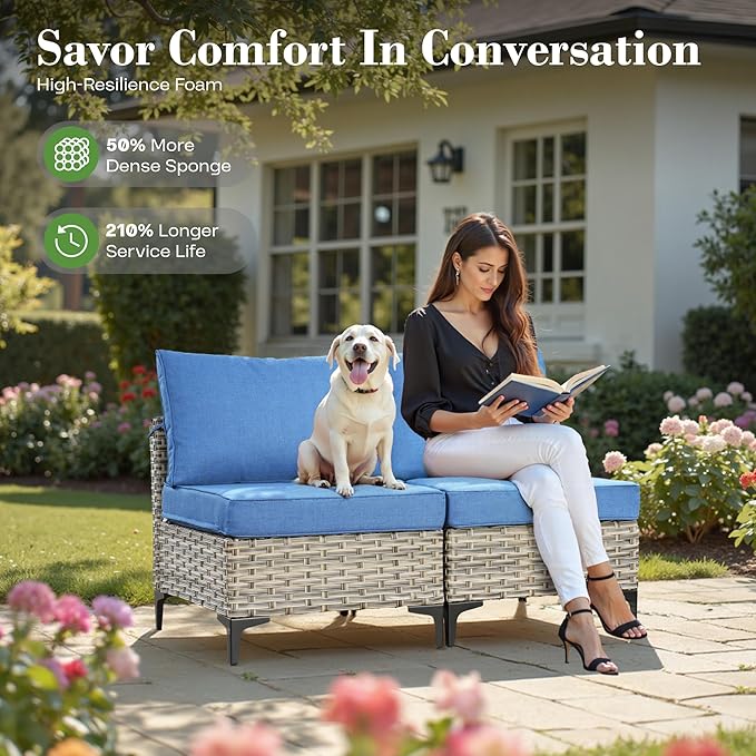 7 Piece Outdoor Patio Furniture with Glowing Coffee Table, Rattan Wicker Conversation Set with Sofa, Sectional Single Chairs for Outside Porch Balcony Backyard Pool,Light Blue