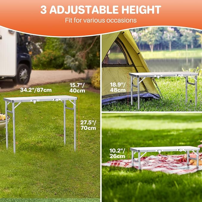 FUNYKICH 3ft Portable Folding Table with 3 Adjustable Height, 34.2'' Lx15.7'' W Camping Tables, Lightweight Aluminum Outdoor Picnic Table with Carry Handle for Car Camping, Outdoor Dining, Beach