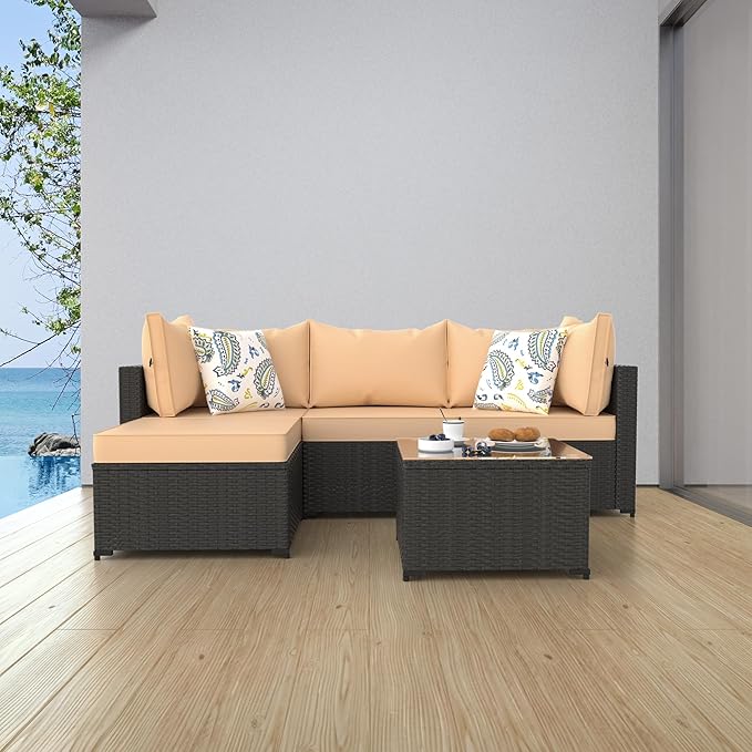 Patio Furniture Set, 5PCS Outdoor Sectional with Ottoman Wicker Rattan Patio Couch with Thickened Cushion Modular Wicker Patio Conversation Set with Glass Top Table for Balcony, Backyard(Khaki)