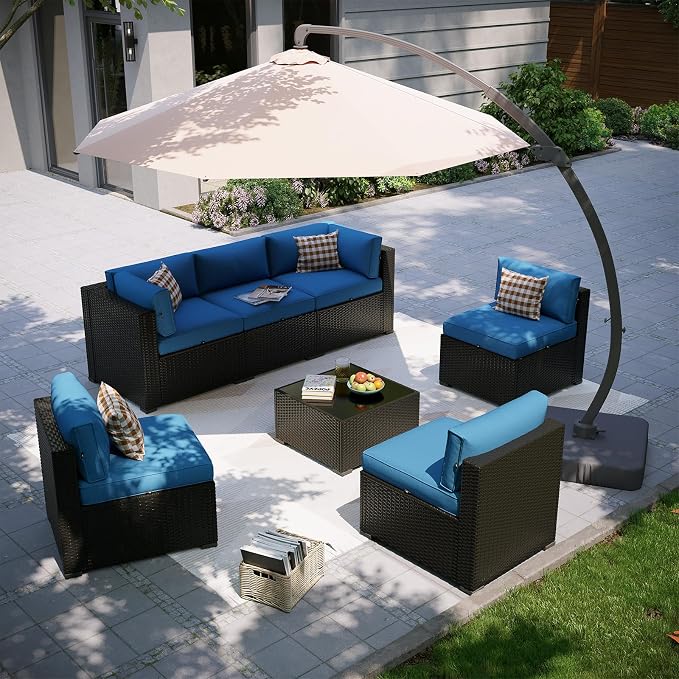 Aoxun Patio Furniture Set with Umbrella, 8 Piece Outdoor Sectional Sofas, Wicker Rattan Outdoor Furniture with Thickened Cushion for Backyard, Garden Navy Blue