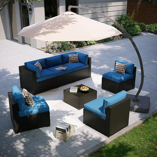Aoxun Patio Furniture Set with Umbrella, 8 Piece Outdoor Sectional Sofas, Wicker Rattan Outdoor Furniture with Thickened Cushion for Backyard, Garden Navy Blue