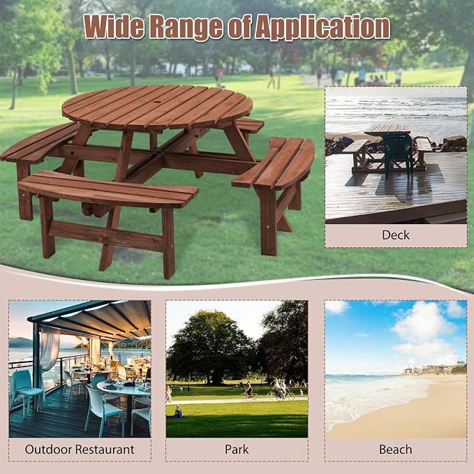 HRVEOCEI 8-Person Round Picnic Table with 4 Built-in Benches & Umbrella Hole, Wooden Picnic Tables for Outdoors, Patio, Backyard, Garden, 70"X70"X27", 2220lb Capacity (Round, Brown, 8-Person)
