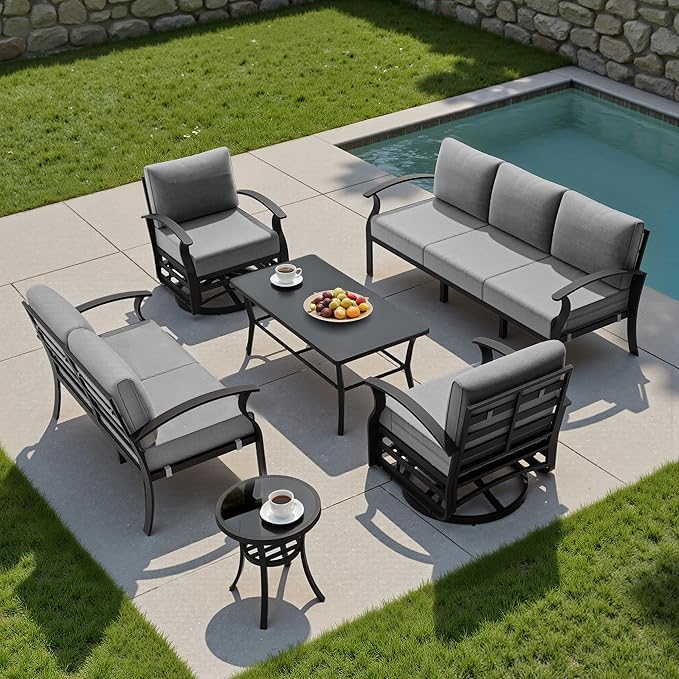 Kullavik Aluminum Patio Furniture Set with Rectangular Coffee Table,7-seat Metal Outdoor Sectional Furniture w/5.1" Cushions,Patio Conversation Sets for Garden,Backyard,Porch-Grey