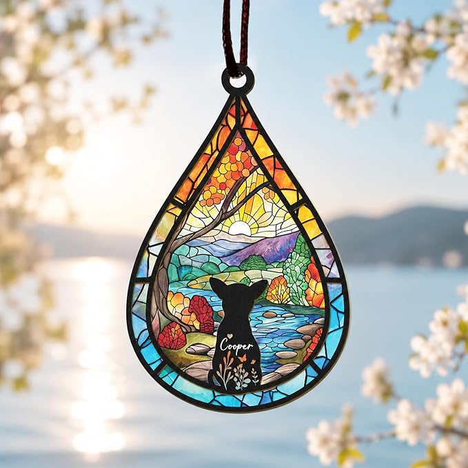 Personalized Pet Memorial Suncatcher, Custom Dog Cat Memorial Window Hanging with Photo & Name, Stained Glass Style Memorial Suncatcher, Rainbow Bridge Sympathy Gift for Pet Lovers