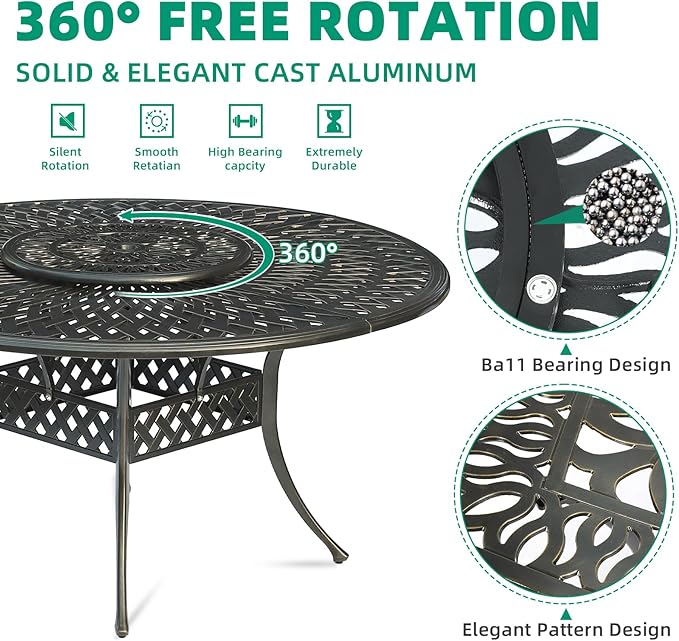 VIVIJASON Outdoor 61" Patio Round Dining Table for 6-8 Person, All Weather Cast Aluminum Patio Dining Table with 24" Lazy Susan and Umbrella Hole for Balcony, Porch and Deck