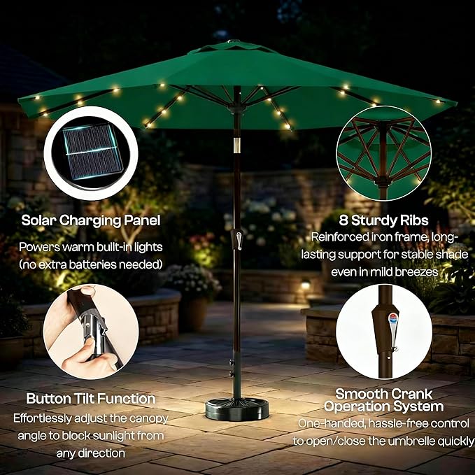 10FT Solar Lighted Patio Umbrella, Outdoor Table Market Umbrellas with Push Button Tilt and Crank, 32 LED Lights, 8 Sturdy Ribs, UV-Resistant for Deck, Garden, Pool