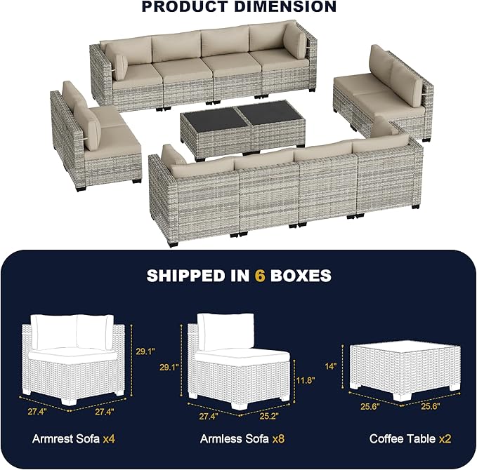 14-Piece Outdoor Patio Furniture Set, PE Wicker Rattan Sectional Sofa Conversation Set with Tempered Glass Table & Thick Cushions - All-Weather Garden, Backyard Furniture, Beige
