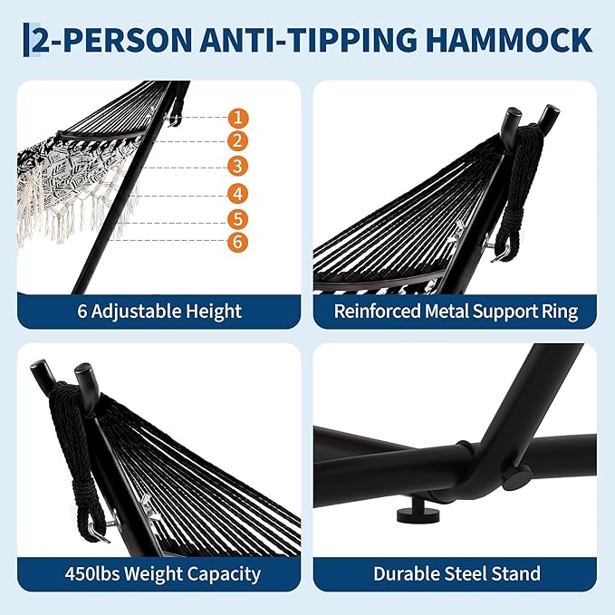 Double Hammock with Stand, 450LBS Capacity, 2 Person Large Hammock, Indoor and Outdoor Hammock, Boho Style, Perfect for Backyard Patio Beach, 9-Foot