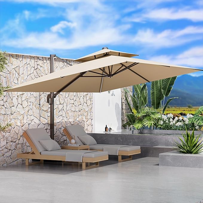 10' X 13' Outdoor Patio Umbrella Large Rectangle Cantilever Umbrella with Base Included, Heavy Duty 360°Rotation Offset Umbrella for Garden Deck Pool Patio,Brown