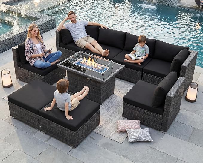 BULEXYARD 9 Pcs Highback Patio Furniture Set with Firepit, High-End Outdoor Sectional Couch with Ottoman 8-Seats, Cozy Comfy Wide Deep Deck Seating Group Conversation, Grey Rattan & Black Cushion