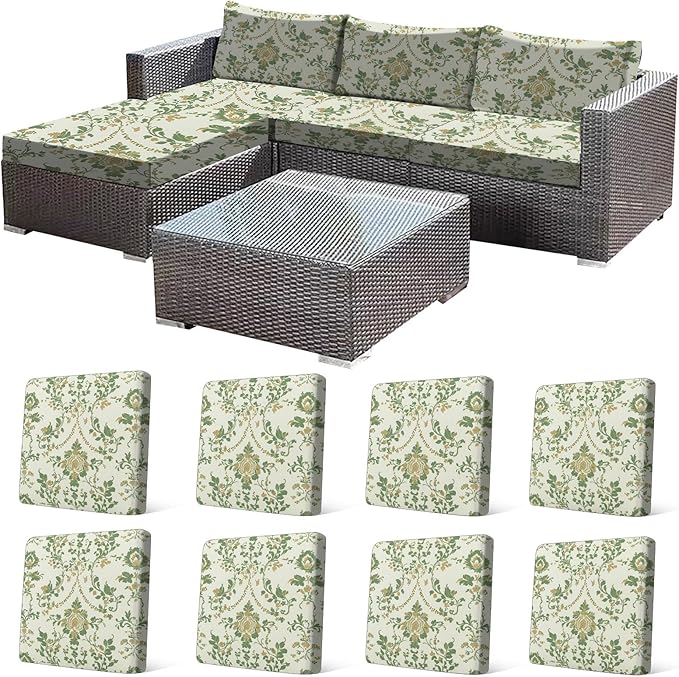 CALBODE 8 Pcs Stretch Outdoor Seat Cushion Covers, Washable Chair Seat Cover for Patio Furniture Cushions Soft Indoor and Outdoor Couch Cover Replacement (Green Vines, Cover Only)