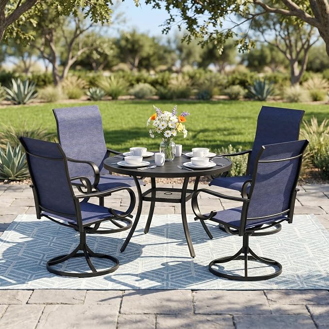 5 Pieces Patio Dining Set, 4 Outdoor Swivel Dining Chairs with 40.6" Round Metal Outdoor Dining Table with Umbrella Hole for Garden Backyard Deck, Dark Blue & Black