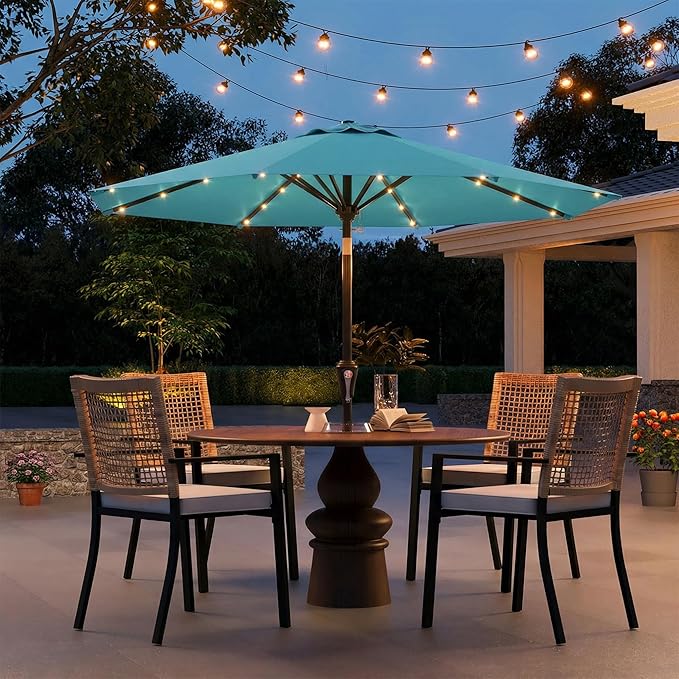9FT Solar Umbrella 32 LED Lighted Patio Umbrella Table Market Umbrella w/Tilt and Crank, UV-Resistant Outdoor Umbrella for Pool, Garden, Deck, Sky Blue