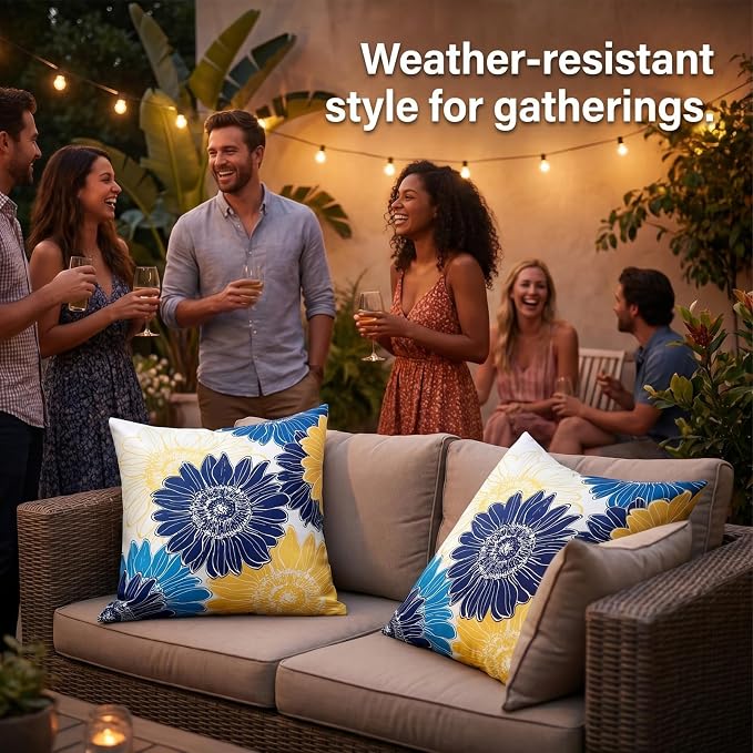 Waterproof Outdoor Pillow Covers 18x18 Decorative Summer Sunflower Square Pillow Covers Blue Yellow Throw Pillow Covers Set of 2 Garden Cushion Throw Pillowcase for Patio Furniture Tent Balcony Bench