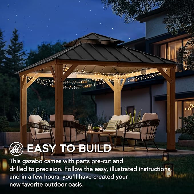 SUNJOY 11 x 11 ft. Wood Gazebo, Upgrade Outdoor Patio Cedar Framed Steel Hardtop Gazebo with 2-Tier Metal Roof, Suitable for Patios, Lawn and Backyard, Hammered Brown Roof + Dark Wood Frame