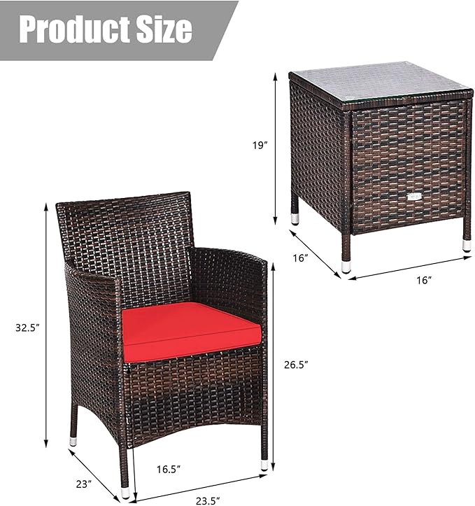 DORTALA 3 Piece PE Rattan Patio Furniture Set, Outdoor Chairs & Table Set with Tempered Glass Top & Cushions, Wicker Conversation Set for Garden Backyard, Red