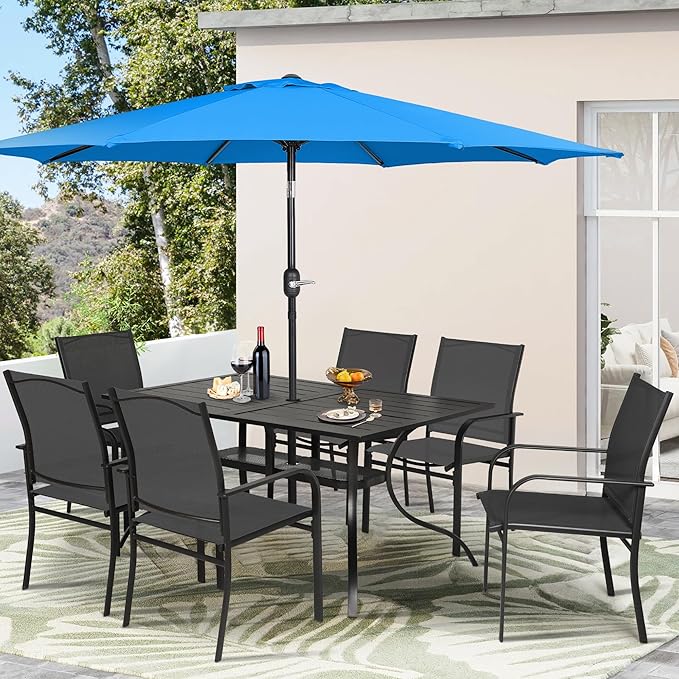 Crownland 7 Piece Patio Dining Set, Outdoor Textilene Dining Sets, 6 Textilene Metal Chairs and Rectangular Outdoor Dining Table with Sky Blue 9FT Round Outdoor Umbrella (Black)