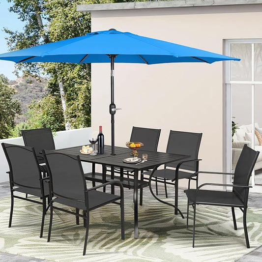 Crownland 7 Piece Patio Dining Set, Outdoor Textilene Dining Sets, 6 Textilene Metal Chairs and Rectangular Outdoor Dining Table with Sky Blue 9FT Round Outdoor Umbrella (Black)