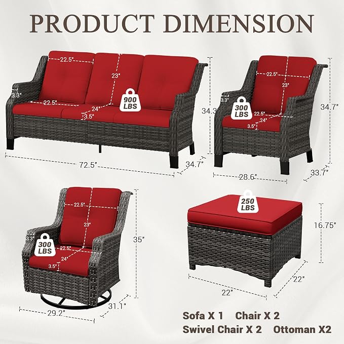 7 Pieces Patio Furniture Set, Outdoor Furniture Set with 2 Patio Swivel Rocking Chairs, 2 Patio Wicker Chair, 2 Ottoman, 1 Outdoor Wicker Sofa, Ideal for Backyard, Garden, Poolside, Red