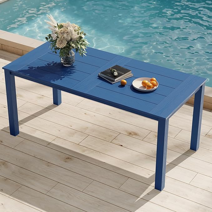 YEFU Outdoor Patio Table HIPS: 67" Rectangle Outdoor Dining Table with Umbrella Hole & Metal Aluminum Frame - All-Weather Patio Dining Table for 6 Person Modern Outside Furniture for Deck Garden Blue