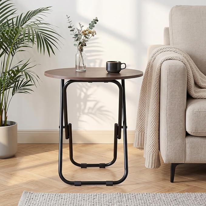 VECELO 17.7" Small Folding Table, Round Patio Outdoor Side Snack Table, Waterproof Wood End Table with Anti-Rust Metal Legs for Living Room Bedroom Garden Yard Balcony Porch