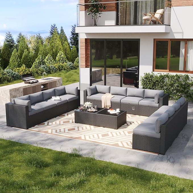 LazySunsets 14 Piece Outdoor Patio Furniture Set with Coffee Table, Outdoor Patio Furniture Set with Waterproof Cover, Wicker Rattan Outdoor Conversation Set for Backyard & Garden, Light Grey