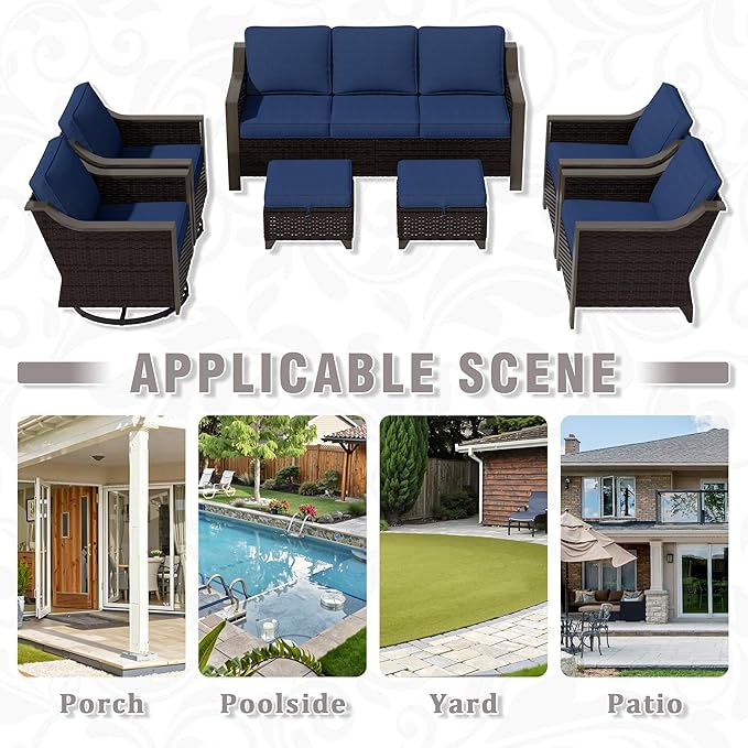 7 PCS Wicker Patio Conversation Set, All-Weather Use Outdoor 2 PE Rattan Swivel Chair, 2 PE Rattan Chair, 2 Ottoman, 1 Patio Sofa, Removable Water-Resistant Cushion, Blue