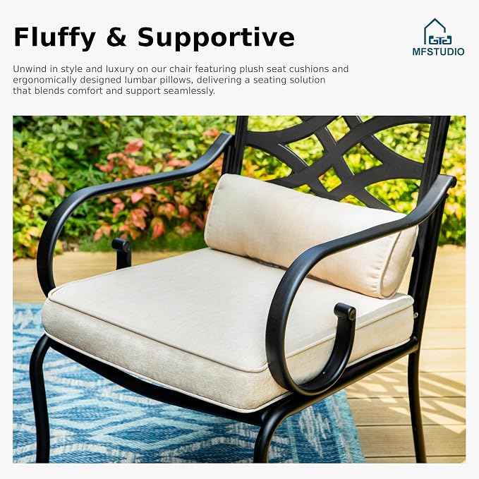 MFSTUDIO Patio Dining Set, 60" Metal Table, Fixed Chairs, Umbrella Hole | Seats 6, All-Weather Use