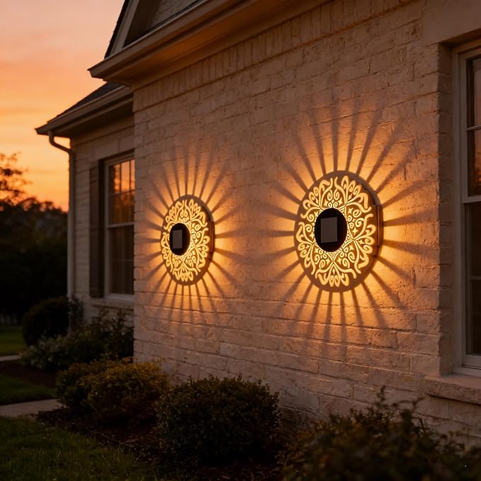 Solar Outdoor Fence Lights Decoration 2 Pack, Solar Wall Step Deck Lights Outdoor Garden Decor with Starlight Theme for Yard Art Porch Patio Backyard