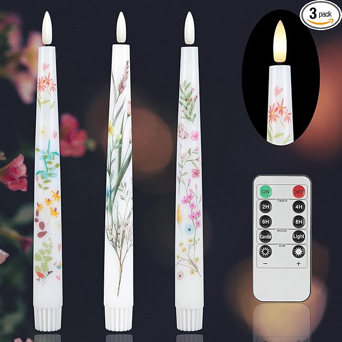 Spring Flameless Taper Candles with Flowers, 9.6" Real Wax LED Candles with Remote, 3 Pack Flickering Candlesticks Battery Operated, Fake Candle for Home, Wedding, Party