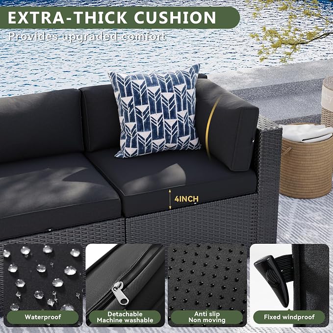 Aoxun 15 Piece Patio Furniture Set with 44” Fire Pit Table Wicker Patio Sectional Sofa Set Outdoor Seating Furniture with Thickened Cushion, Black