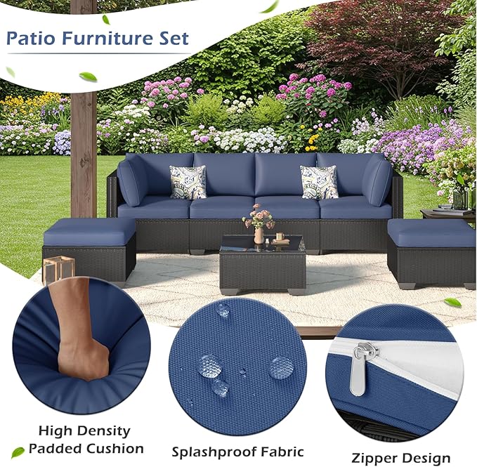 U-MAX 7 Piece Outdoor Patio Furniture Set with 30 Inch Fire Pit Table, PE Rattan Wicker Sofa Set, Outdoor Sectional Furniture Chair Set with Cushions and Tea Table, Black Rattan&Dark Blue Cushion