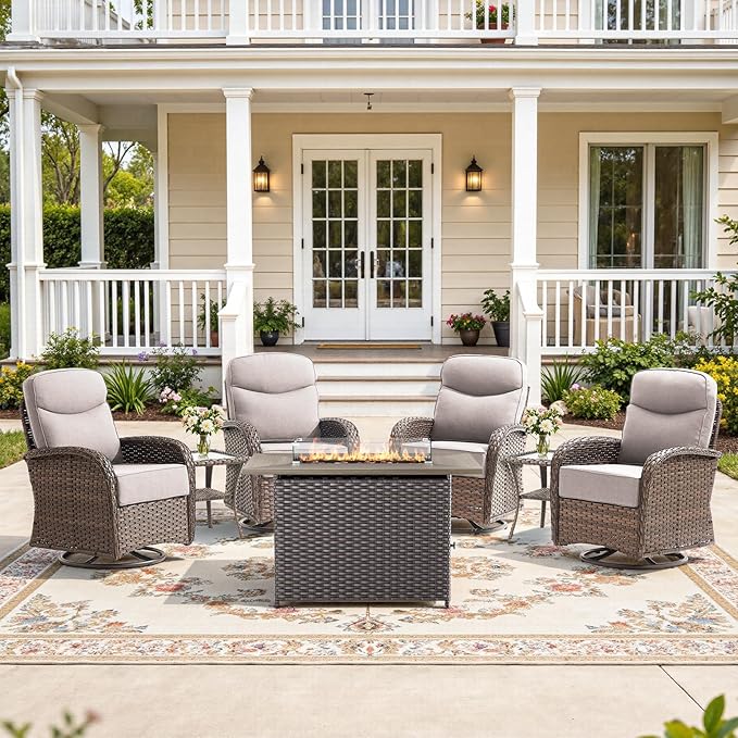 7-Piece Luxury Patio Furniture Set with 6-Inch Thick Cushions, High-Back Outdoor 4 Swivel Rocking Chairs with Wicker 42" Fire Pit, All-Weather Conversation Set for Porch, Deck, Yard or Poolside Beige