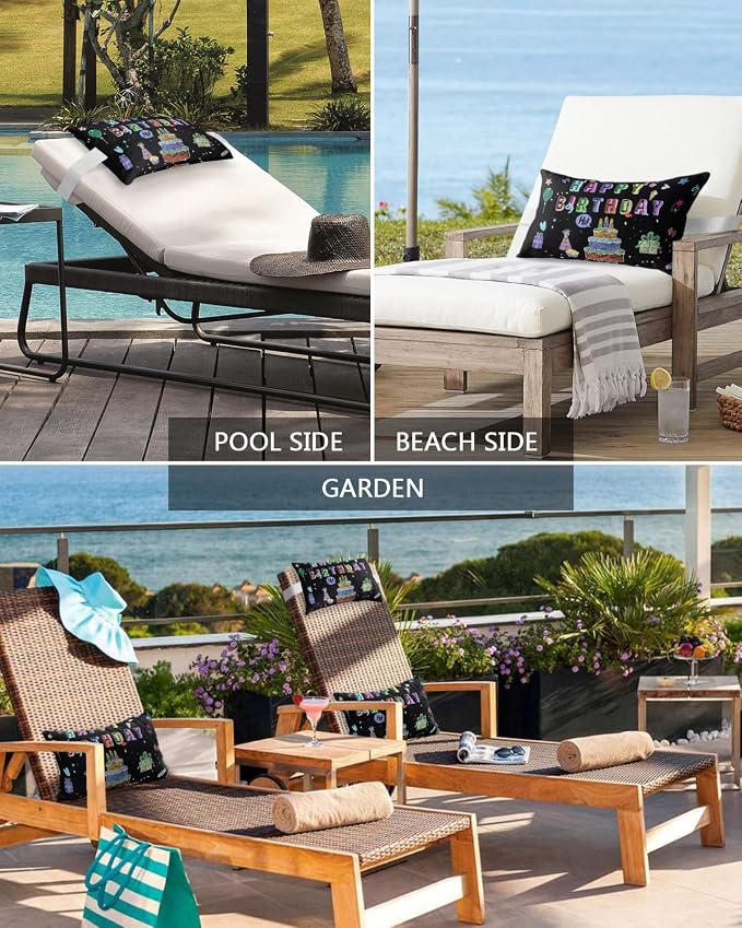 Outdoor Pillows Covers with Inserts Happy Birthday Cake Firwoks Black Waterproof Recliner Pillow with Adjustable Strap Throw Pillows for Patio Furniture Pool Lounge Chair, 11x16 inch, 1PCS