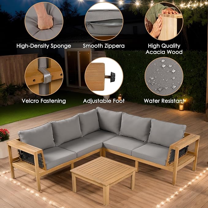 Merax 4 Pieces Patio Furniture Set, Outdoor L-Shaped Sectional Sofa Set with Coffee Table, Acacia Wood Conversation Seating & Thick Cushions and Side Table, for Backyard, Garden and Poolside, Grey