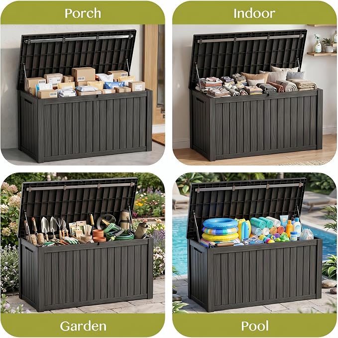 Waterproof Outdoor Storage Box Outside Deck Box Lockable Resin Bench UV Resistant Furniture Cushion Pool Tool Float Bin Patio Garden Porch (Black, 180 Gallon)
