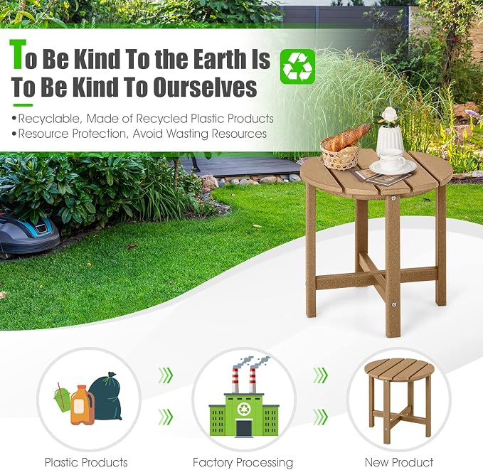 Tangkula Round Outdoor Side Table, 18 Inch Weather Resistant HDPE Adirondack Table, Outdoor Indoor Chairside End Tables, Patio Side Table for Lawn Garden Balcony Backyard, Easy Assembly (2, Brown)