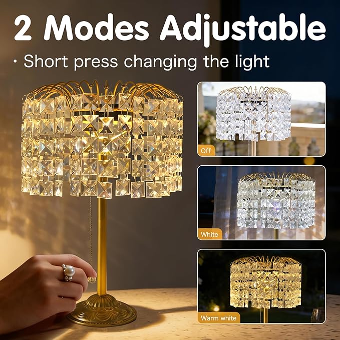 HUYIENO Solar Outdoor Table Lamp Decorative Modern Crystal Lights with USB Charging 2 Lighting Modes (White/Warm White) Perfect Table Light for Dinner/Patio/Restaurant/Bedroom